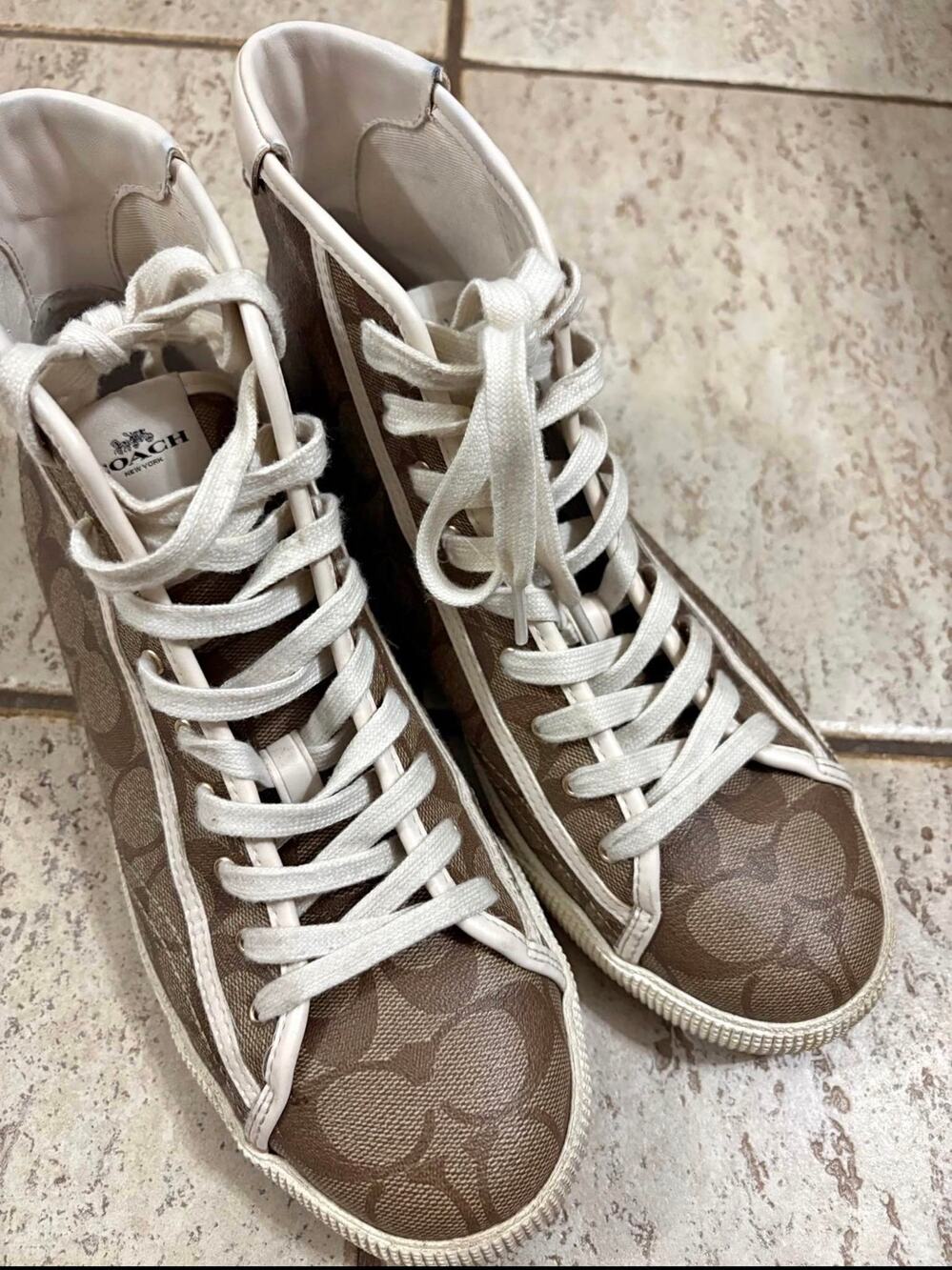 COACH Women's Clip Signature High Top Sneakers Khaki/Saddle Brown Canvas Sz 9 US